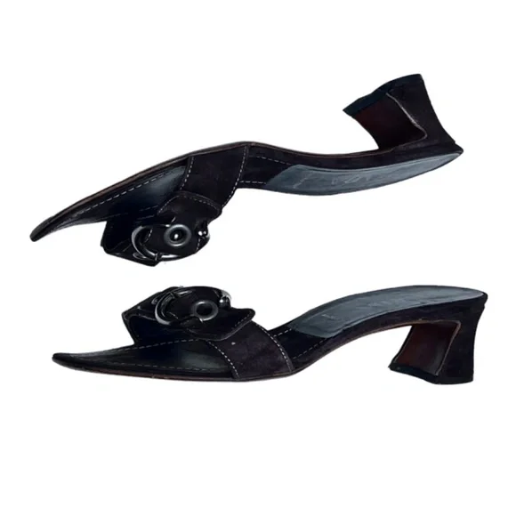 Prada Low Block Heel Buckle Strap Slide On Suede Leather Sandal - Picture 11 of 15